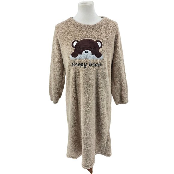 Sleepy Bear Womens Long Plush Pajama Dress Small Beige Sherpa Fleece Cozy Wear - Picture 2 of 12